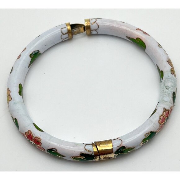 Vintage Cloisonne Floral Bangle Bracelet Hinged White with Flowers Damaged - Picture 9 of 10